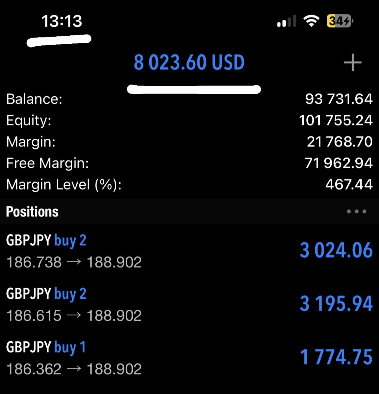 Live Positionen — +8.023 USD offen · GBPJPY